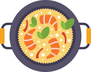 This illustration shows a traditional spanish paella dish being cooked in a pan, featuring shrimps and greens as its main ingredients