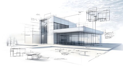 Detailed blueprint sketch of a contemporary minimalist commercial building design with a sleek functional facade and innovative architectural elements