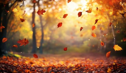 Falling autumn leaves in a forest with a golden sunlit background.