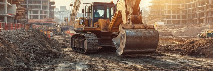 Fototapeta premium Heavy construction equipment working at a large building site