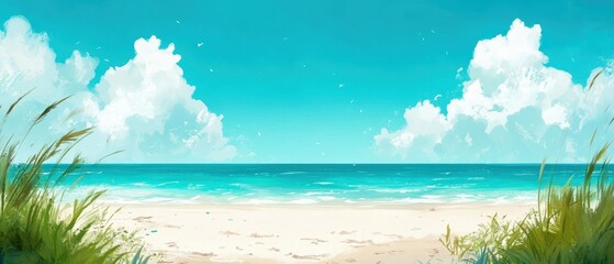 A serene beach scene with golden sand, clear turquoise water, and fluffy clouds under a bright blue sky.