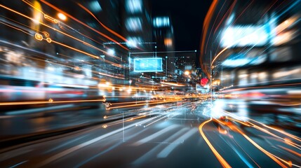 Obraz premium Blurred city lights and fast paced urban movement at night depicting the dynamic energy and futuristic atmosphere of a modern metropolitan landscape