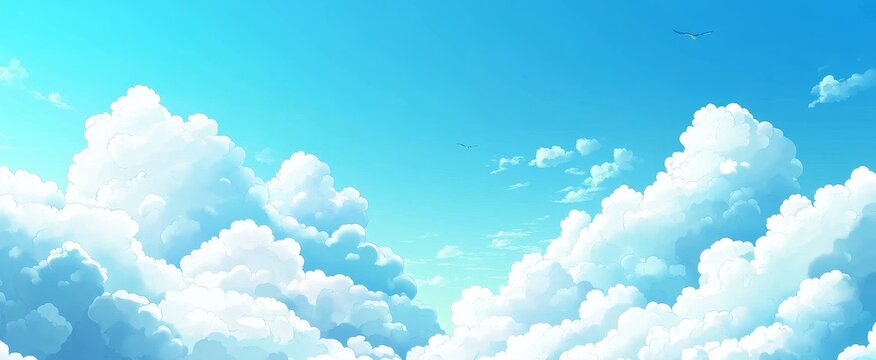 A bright blue sky with fluffy white clouds and birds flying overhead. - Powered by Adobe