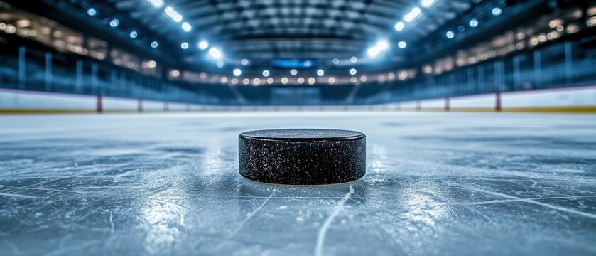 A close-up view of a black hockey puck on an ice rink, illuminated by bright arena lights.