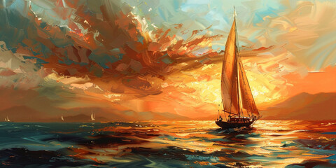 a painting of a sailboat in the ocean, Sailboat Painting on the Ocean, 