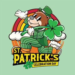 Saint Patrick Day Shamrock Bear holding Clover Leaf Retro Cartoon Mascot Character Groovy Vintage Style for poster, flyer, brochure, invitation, greeting card, banner
