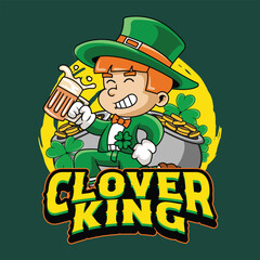 Saint Patrick Day Boy holding Beer with gold coins pot Retro Cartoon Mascot Character Groovy Vintage Style for poster, flyer, brochure, invitation, greeting card, banner, sticker, web