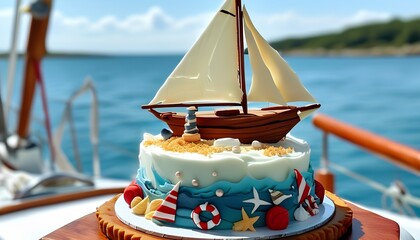 Delightful maritime-themed cake captured against a stunning ocean backdrop perfect for celebrations and parties