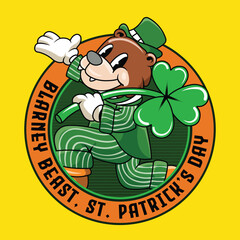 Saint Patrick Day Shamrock Bear holding Clover Leaf Retro Cartoon Mascot Character Groovy Vintage Style for poster, flyer, brochure, invitation, greeting card, banner
