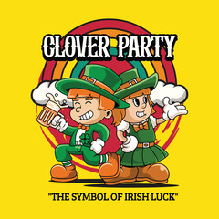 Saint Patrick Day Clover Party Boy and Girl Retro Cartoon Mascot Character Groovy Vintage Style for poster, flyer, brochure, invitation, greeting card, banner
