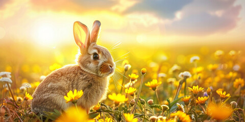 a rabbit in a field of flowers, Peaceful Scene of a Rabbit in a Field of Flowers, 
