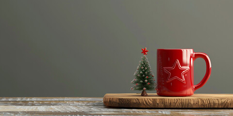 a red mug and a small tree on a wood surface, Red Mug and Small Tree on Wooden Surface, 