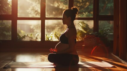 Pregnant woman practicing gentle yoga, showcasing prenatal health and relaxation