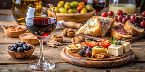 Fototapeta premium A Glass of Red Wine with a Selection of Appetizers and Snacks on a Wooden Table