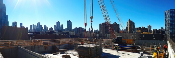 Fototapeta premium Industrial crane operating at a city construction site, lifting materials for a building project