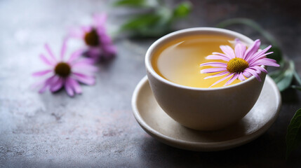 Echinacea tea,cup filled with herbal tea sits on a saucer,adorned with purple chamomile flowers,resting on a rustic wooden surface alongside fresh green leaves,copy space