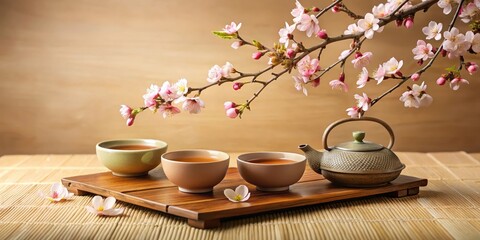 A serene tea ceremony setting with delicate pink blossoms cascading over a wooden tray holding three teacups and a traditional teapot