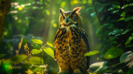Obraz premium Stunning photo of an American Eagle Owl in a beautiful forest.