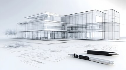 Futuristic architectural blueprint design of modern glass and metal skyscraper office building with minimalist grid pattern and 3D perspective rendering