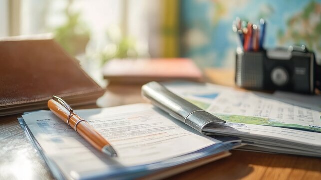 Travel insurance consultation at an agency, with brochures and forms