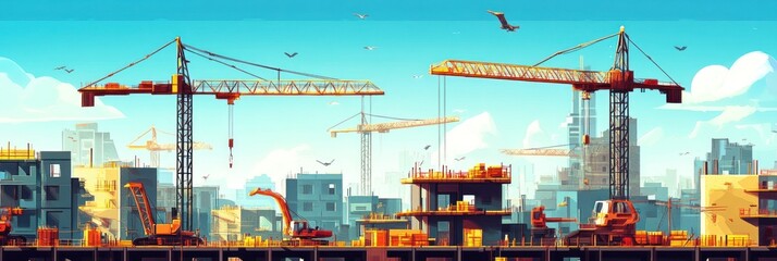Naklejka premium Urban construction development with cranes and machinery working together