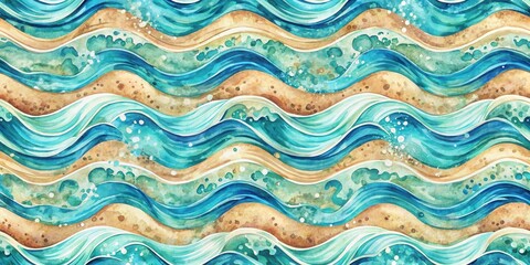 A Watercolor Pattern of Flowing Waves and Sandy Beaches