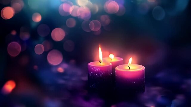 Burning purple aroma candles at night on blurred blue background with bokeh lights. Candles in church as catholic symbol. Abstract festive backdrop. Christmas eve, Hanukkah, All Souls Day