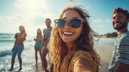 Fototapeta premium Smiling friends enjoying a beach day together