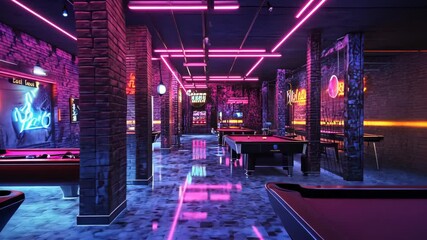 A retro-futuristic gaming lounge featuring pool tables, a vibrant environment with neon lights, and various gaming consoles creating a lively atmosphere. Video