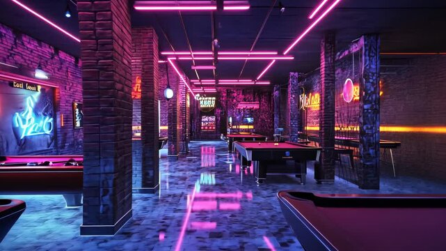 A retro-futuristic gaming lounge featuring pool tables, a vibrant environment with neon lights, and various gaming consoles creating a lively atmosphere. Video