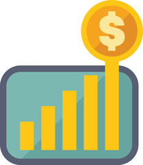 Simple flat vector illustration of a bar chart showing growing profit with a dollar coin on the top