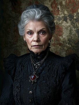Dramatic Portrait of Older Silver Haired Woman with Victorian Style Dress and Jewelry