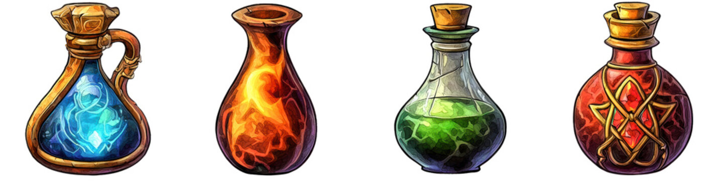 Colorful potion bottles with varying contents on a white isolated background. transparent background