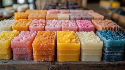 A colorful display of handmade soap bars arranged neatly.