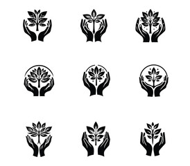 Vector healing hand logo with tree set collection. Tree hand logo concept template. Eco friendly set