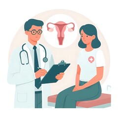Flat, isolated illustration of a gynecologist wearing a lab coat, holding medical tools. The design features clean lines and a simple, professional appearance, ideal for healthcare-related visuals.