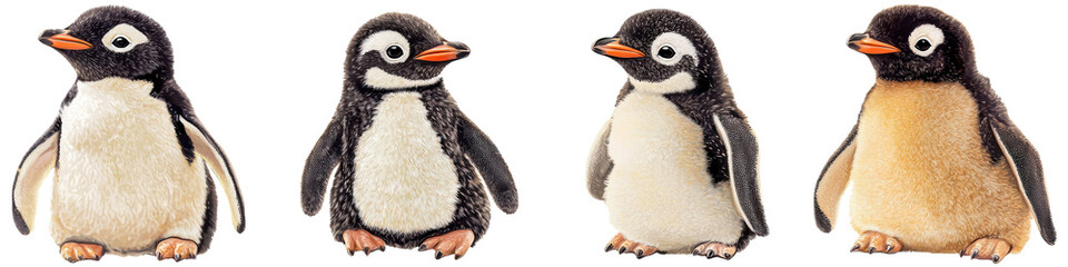 Fototapeta premium Four adorable penguins standing together, white isolate background. transparent background