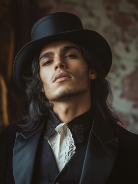 Young Man with Long Hair and Top Hat Posing with Head Tilting Back