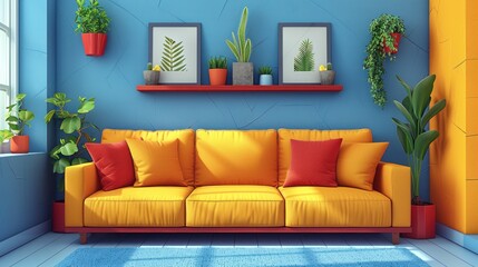 Modern living room interior with yellow sofa, blue walls, red accents, and potted plants.