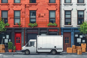 A white delivery truck is parked in front of a row of colorful buildings with boxes stacked on the sidewalk.