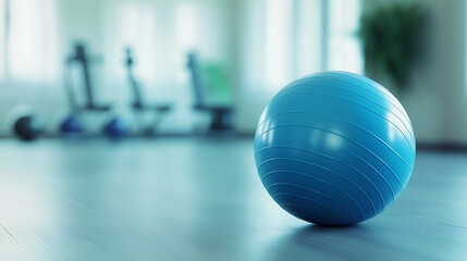 A bright blue exercise ball is positioned on wooden floor of a fitness studio,with gym equipment visible in blurred background. sun fills room,copy space