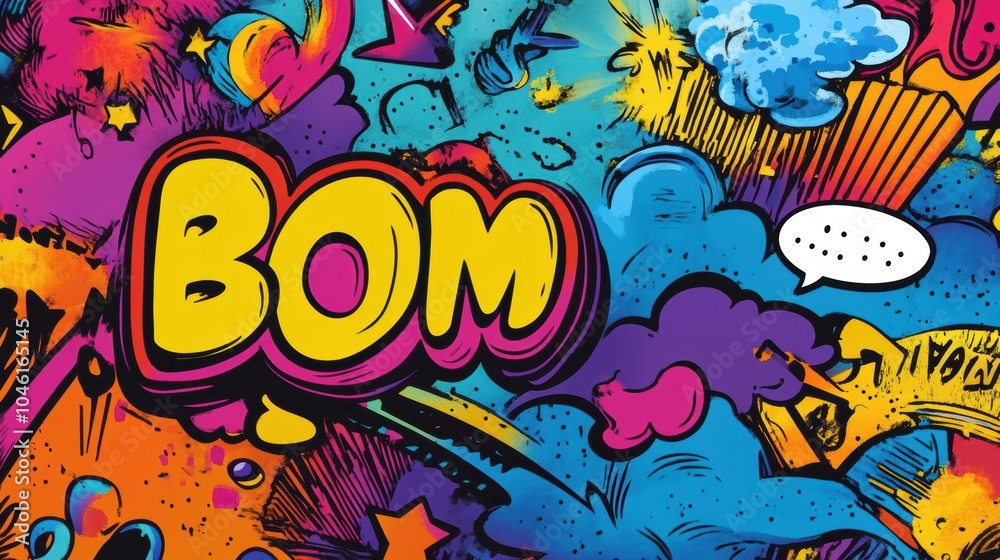 Poster dynamic doodles fill the space with vibrant colors, featuring playful sound effects and speech bubbl