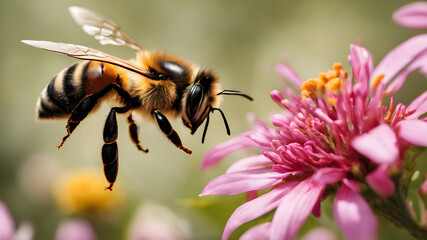 A Close-Up View of a Honey Bee Pollinating a Vibrant Flower in Nature's Beautiful Ecosystem