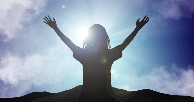 Worship, praying and silhouette of woman on mountain for spiritual healing, faith or surrender to God. Christianity, person and forgiveness on hill for gratitude, praise to Jesus or guidance with sky