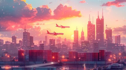 Fototapeta premium A vibrant cityscape at sunset with airplanes flying overhead, showcasing a dynamic and modern metropolis.
