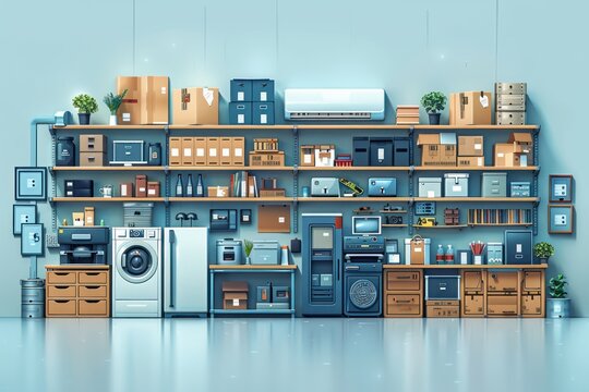 A well-organized warehouse with shelves full of various household appliances, tools, and other products.