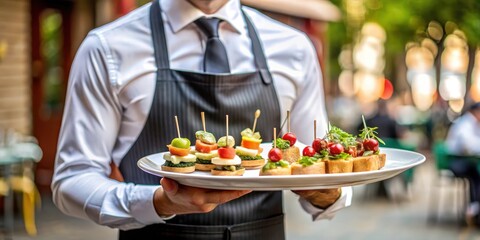 A waiter in a white shirt and black apron holds a platter of gourmet appetizers, featuring fresh tomatoes, mozzarella, and basil, perfectly arranged for a delightful dining experience