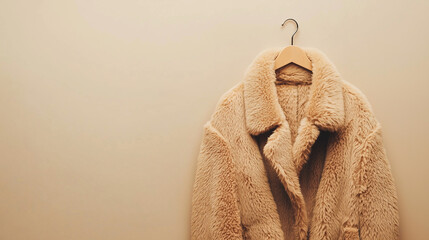 A cozy beige fur coat is neatly displayed on a wooden hanger,enhancing warm interior of room illuminated by natural light,copy space