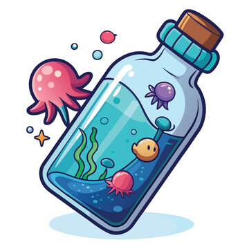 recommend clip art: Underwater jellyfish and glass bottle vector illustration isolated on a white background