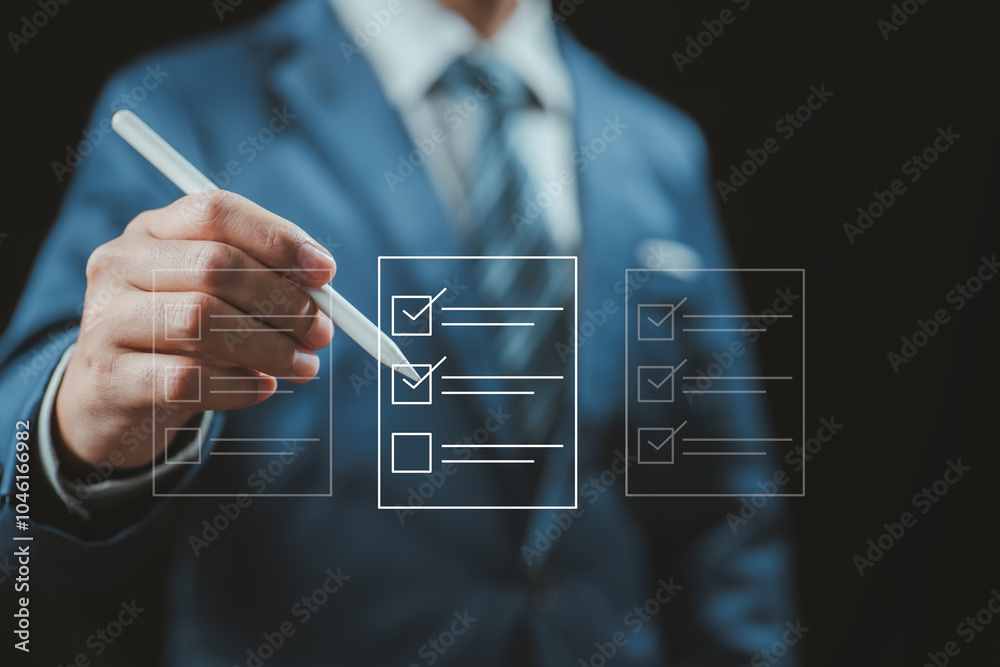 Poster Strategic task management for business success. Importance of planning and ticking off key tasks to ensure progress and achievement in professional environments.
